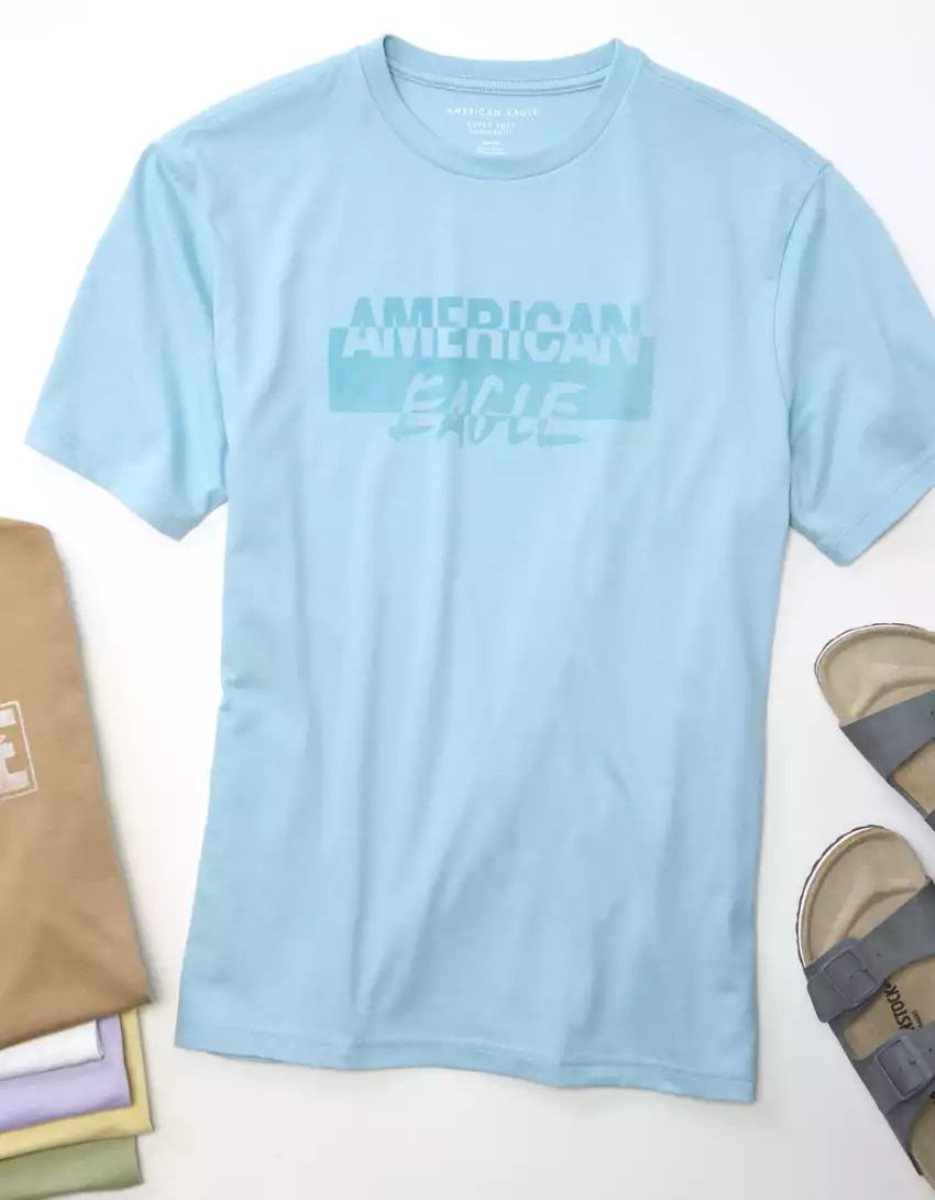 T Shirt Graphique American Eagle AE Super Soft Logo Turquoise Clair Homme | HRT-04306841